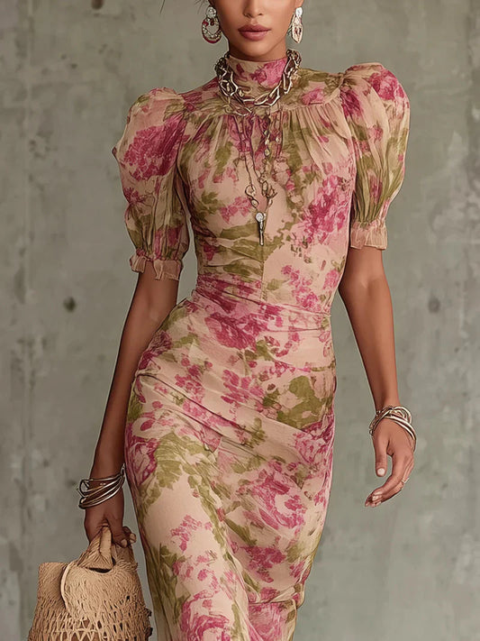 Fiora | Vestido largo con estampado vintage de rosas y mangas abullonadas