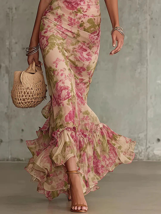 Fiora | Vestido largo con estampado vintage de rosas y mangas abullonadas