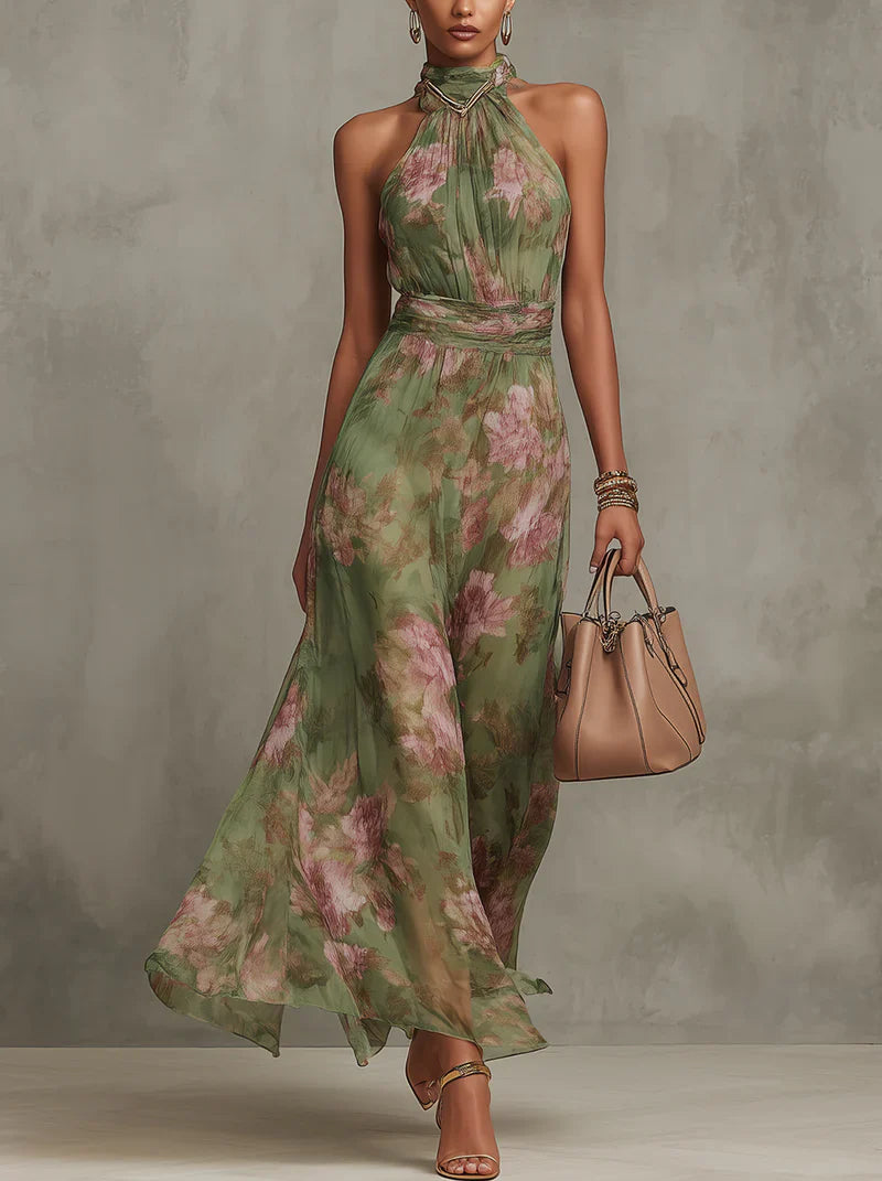 Noelia | Elegante vestido largo con cuello halter y estampado floral