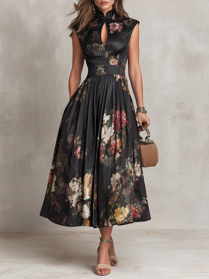 Dunora | Vestido Midi de Satén Plisado Floral con Cuello de Ojal Negro para Mujer