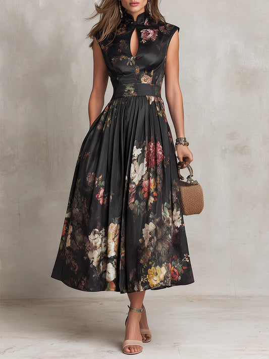 Dunora | Vestido Midi de Satén Plisado Floral con Cuello de Ojal Negro para Mujer