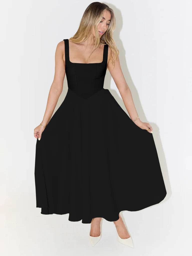 Melisa | Vestido midi negro con escote cuadrado
