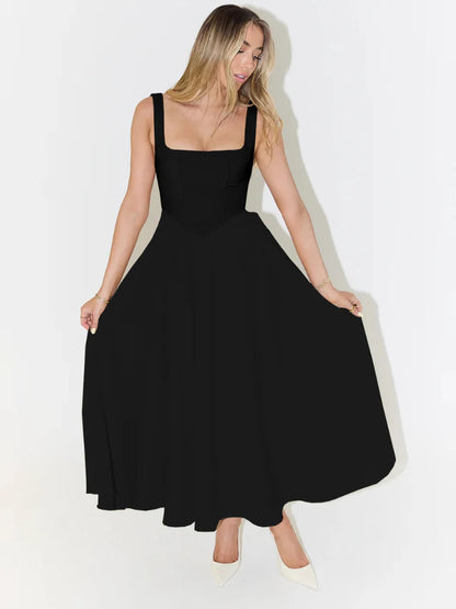 Melisa | Vestido midi negro con escote cuadrado