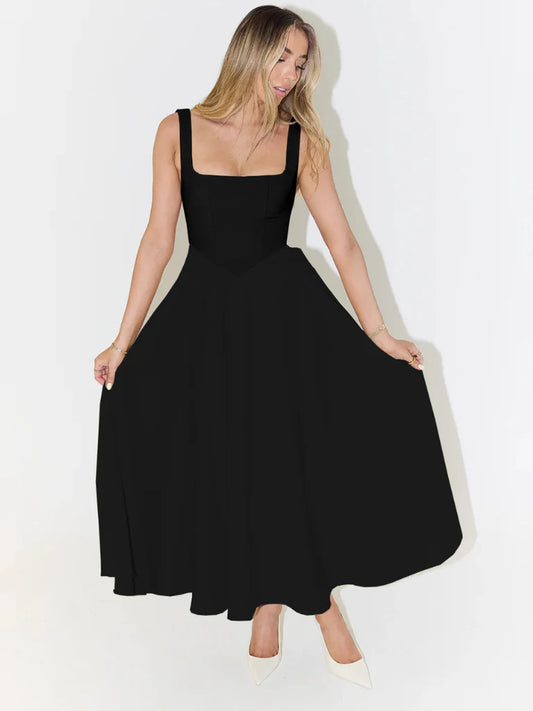 Melisa | Vestido midi negro con escote cuadrado