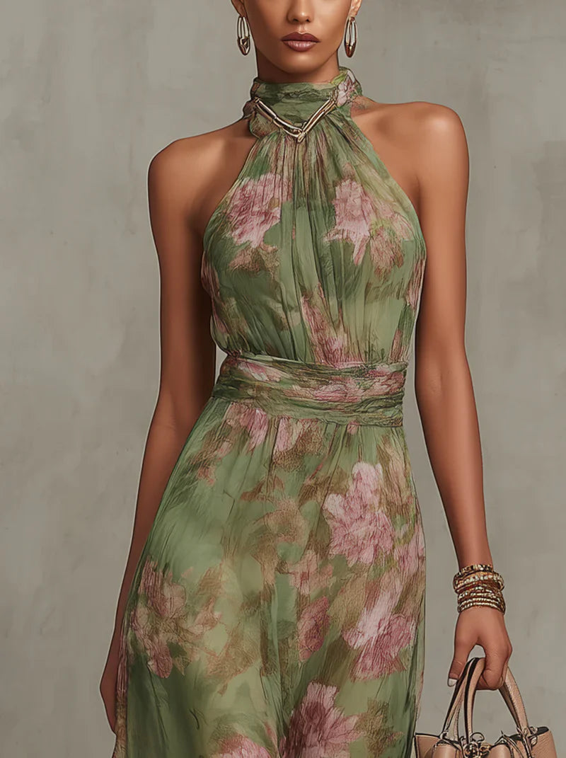 Noelia | Elegante vestido largo con cuello halter y estampado floral
