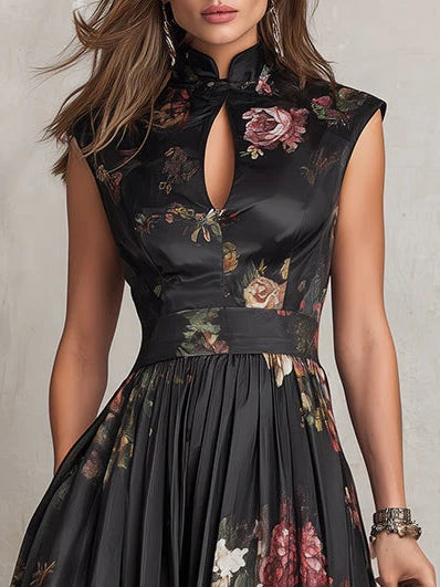 Dunora | Vestido Midi de Satén Plisado Floral con Cuello de Ojal Negro para Mujer