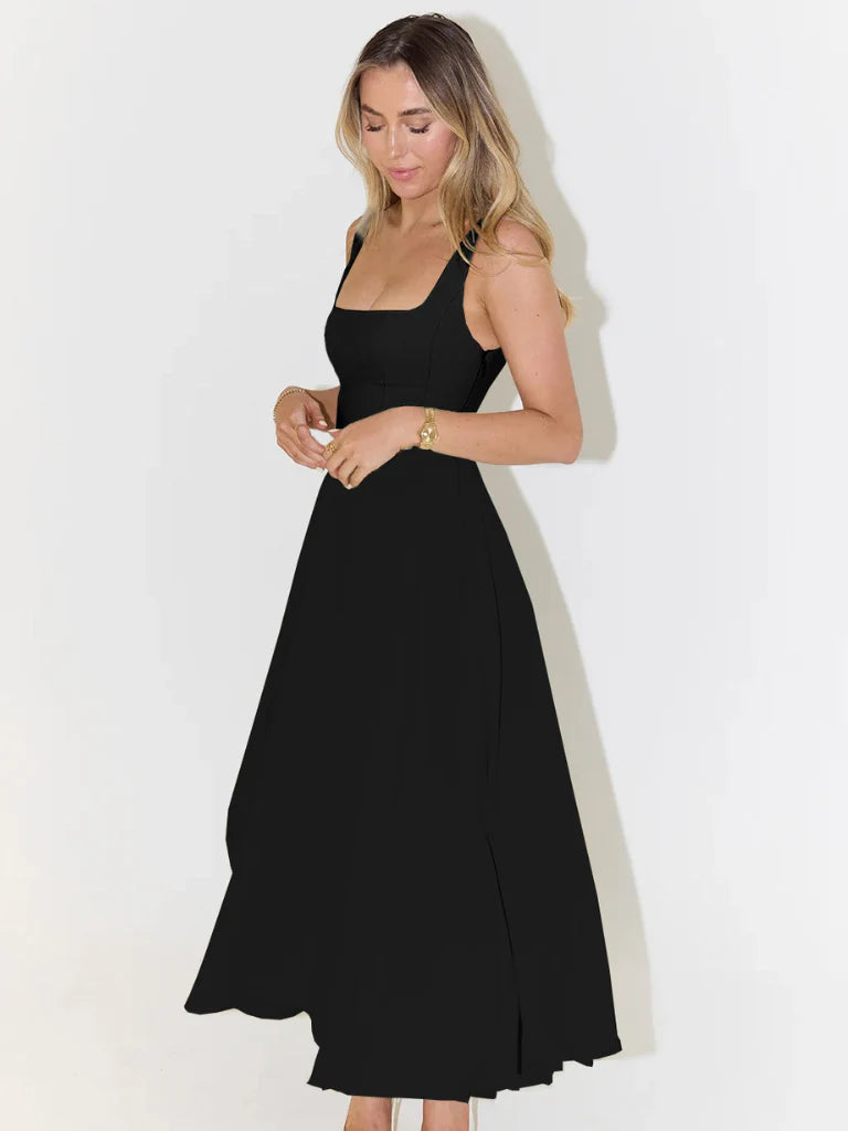 Melisa | Vestido midi negro con escote cuadrado