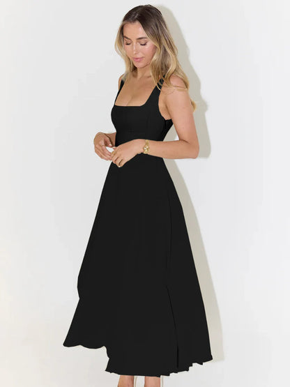Melisa | Vestido midi negro con escote cuadrado
