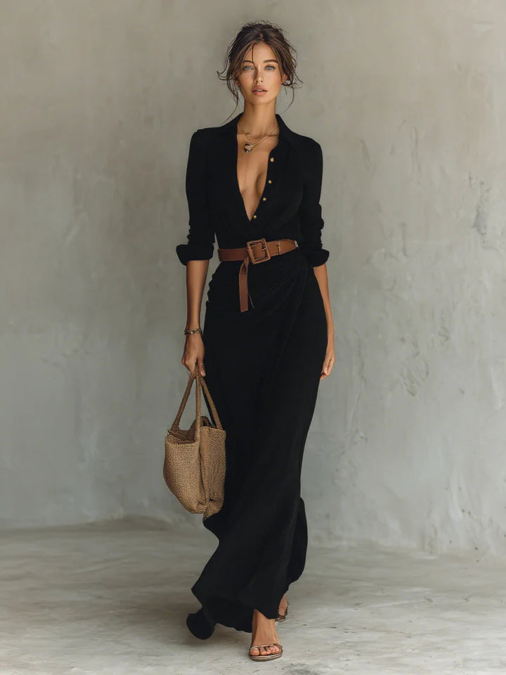 Siena | Vestido largo con cuello de solapa y mangas largas para mujer