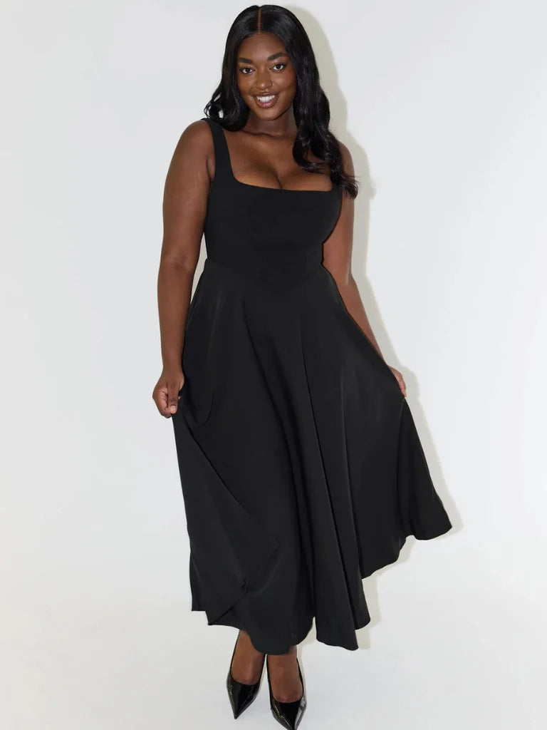 Melisa | Vestido midi negro con escote cuadrado