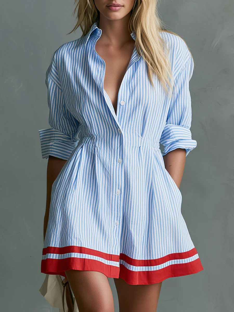 Paloma | Minivestido camisero de rayas azules con ribete rojo