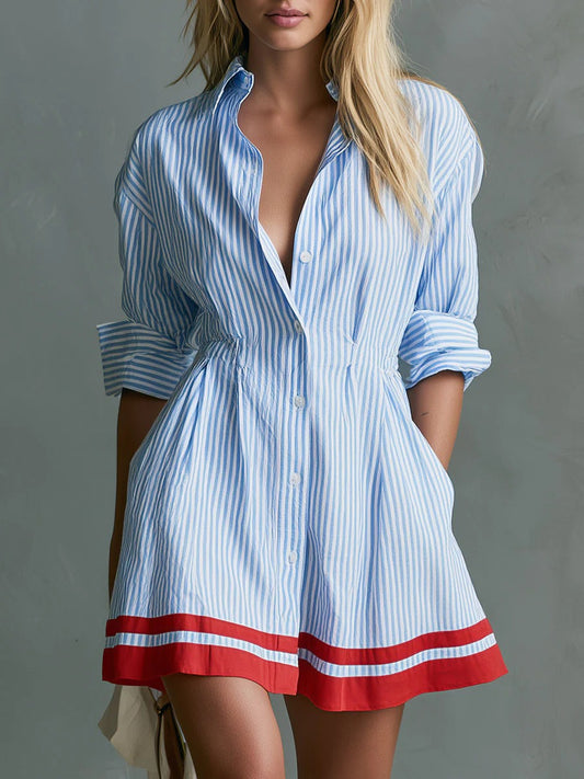 Paloma | Minivestido camisero de rayas azules con ribete rojo