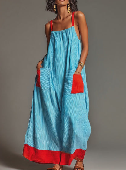 Alegría | Vestido maxi rayas azul con contraste rojo